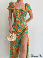 Floral Midi Dress with Puffy Sleeves and Slit image 3