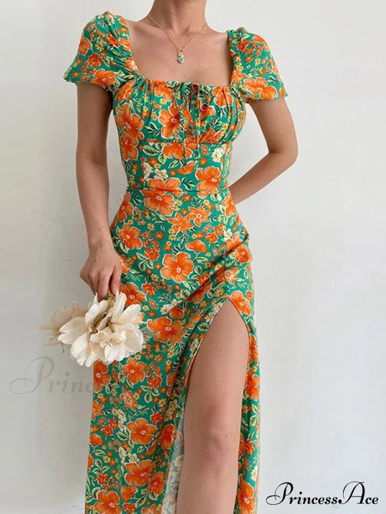 Floral Midi Dress with Puffy Sleeves and Slit image 3