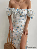 Floral Midi Dress with Puffy Sleeves and Slit image 1