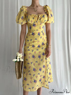 Floral Midi Dress with Puffy Sleeves and Slit image 2