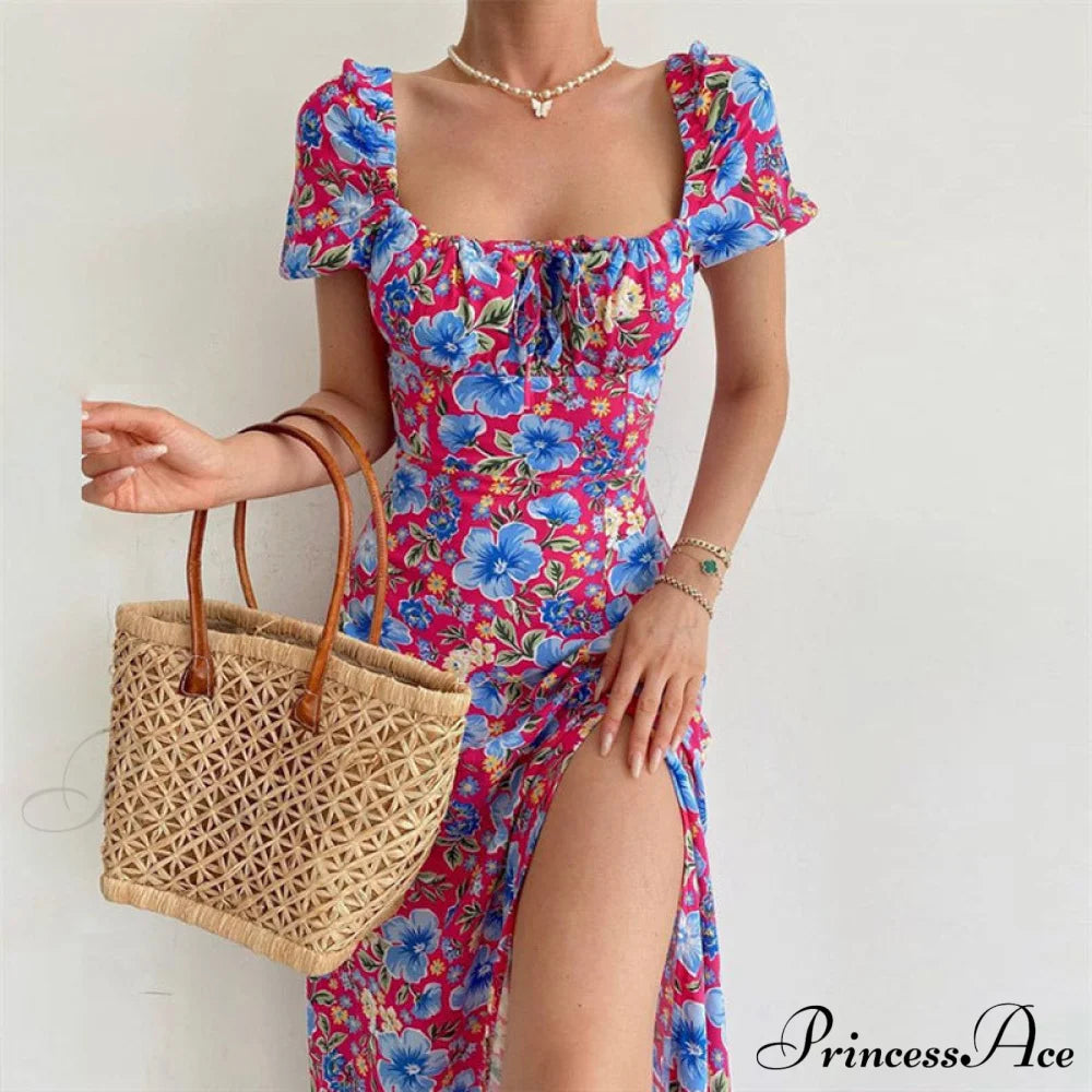 Floral Midi Dress with Puffy Sleeves and Slit image 4