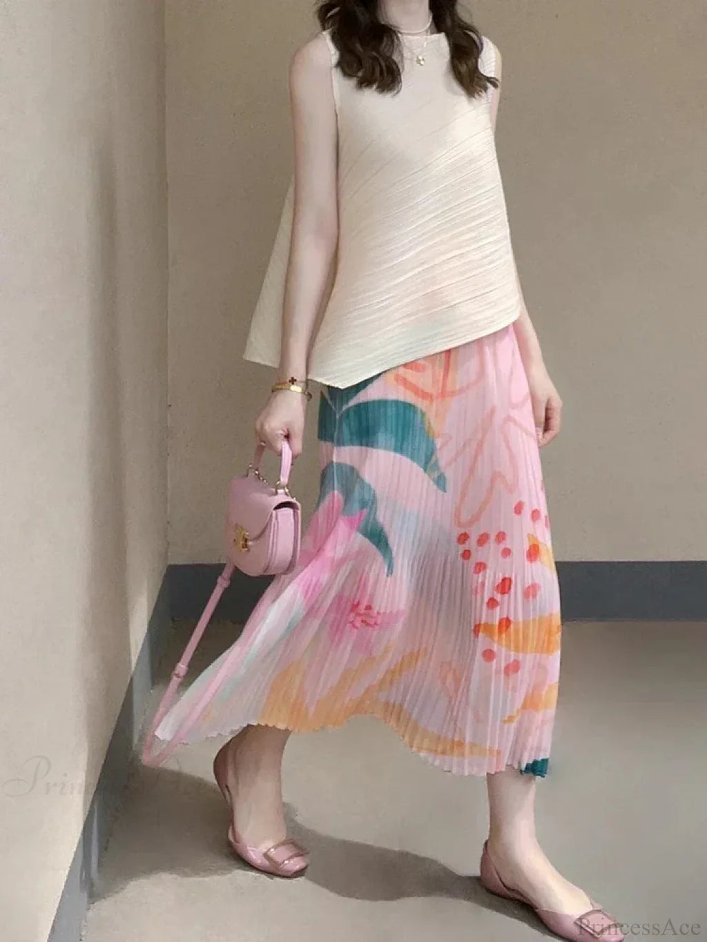 Floral Pleated Slimming High Waist Beach Comfort Skirt image 2