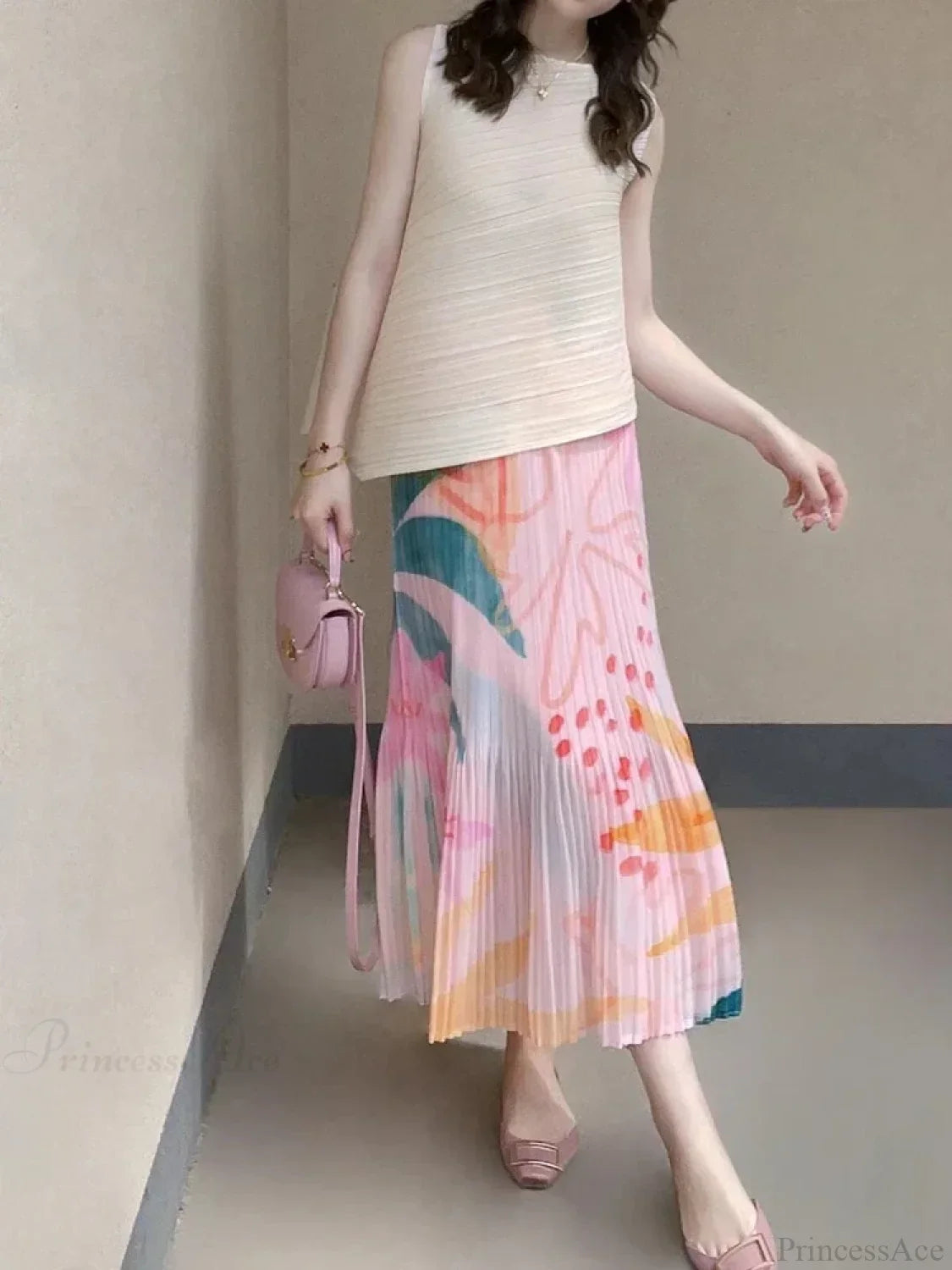 Floral Pleated Slimming High Waist Beach Comfort Skirt image 4