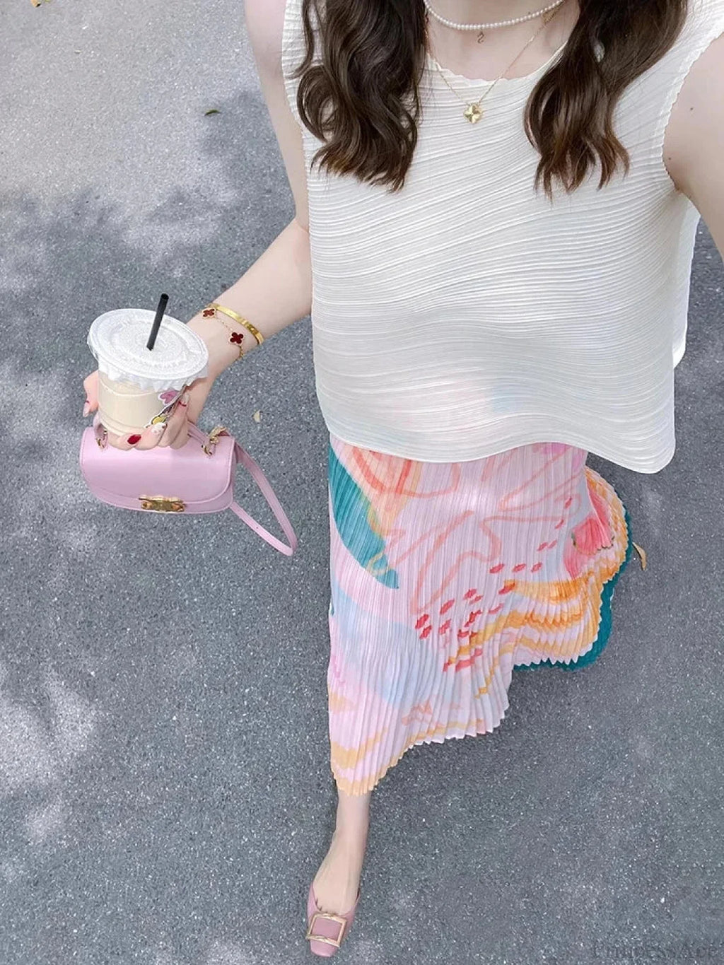 Floral Pleated Slimming High Waist Beach Comfort Skirt image 5