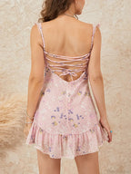 Floral Print Backless Mini Party Sweetheart Neck Ruffled Cocktail Beach Dress image 2