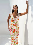 Floral Print Backless V-neck Bodycon Maxi Floral Dress image 4