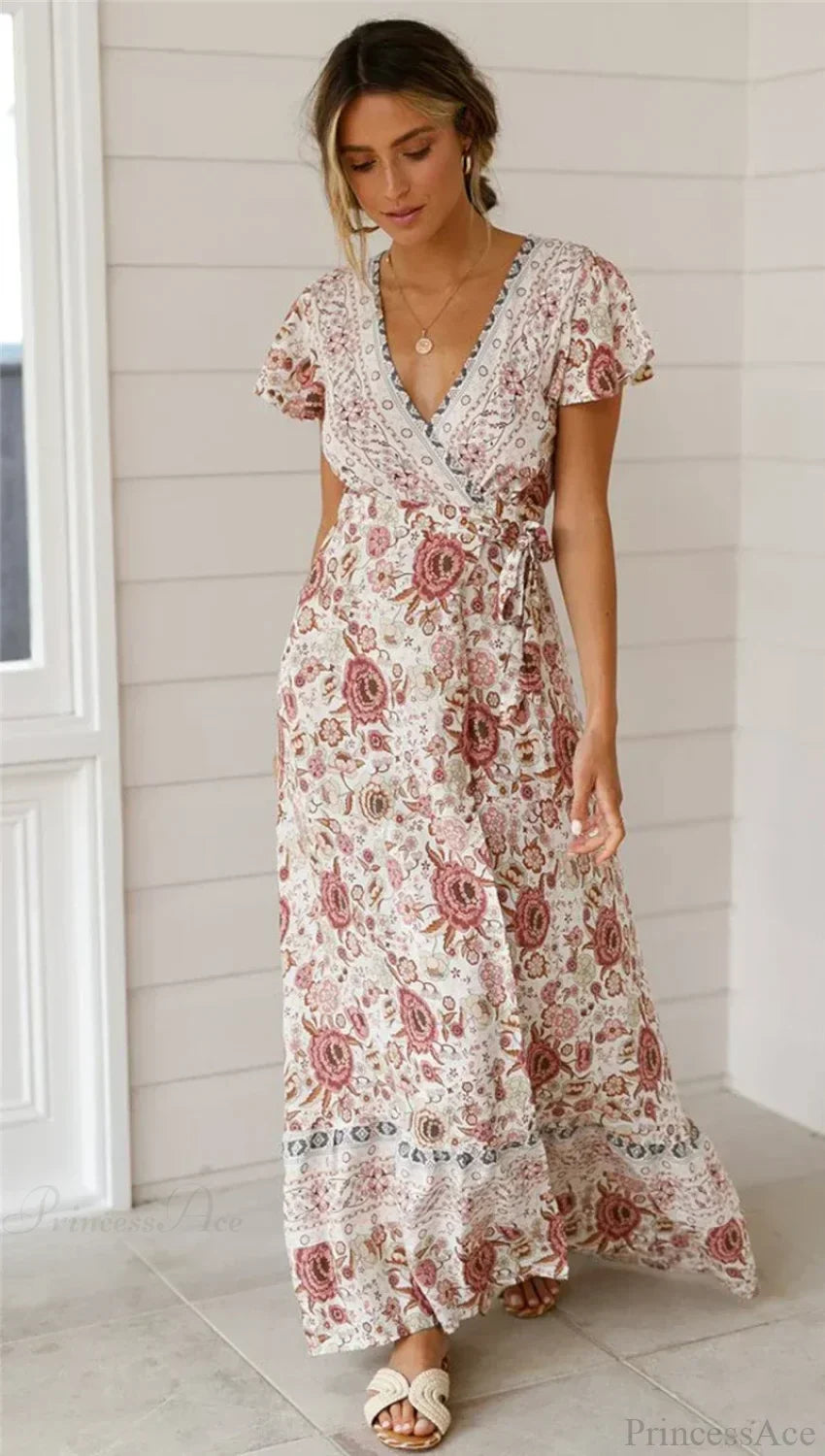 Floral Print Bat Sleeve Sashes Wrap Maxi Boho Cover-ups image 5