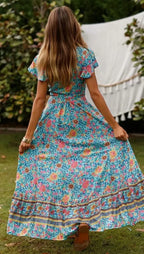 Floral Print Bat Sleeve Sashes Wrap Maxi Boho Cover-ups image 2
