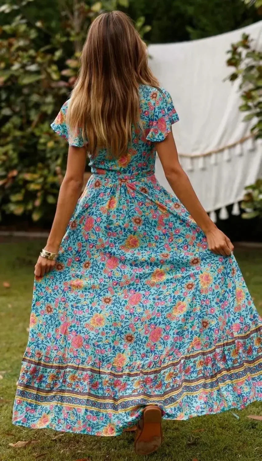 Floral Print Bat Sleeve Sashes Wrap Maxi Boho Cover-ups image 2