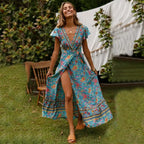 Floral Print Bat Sleeve Sashes Wrap Maxi Boho Cover-ups image 1