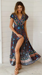 Floral Print Bat Sleeve Sashes Wrap Maxi Boho Cover-ups image 3