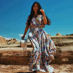Floral Print Bat Sleeve V-neck Tassel Maxi Rayon Boho Dress image 3
