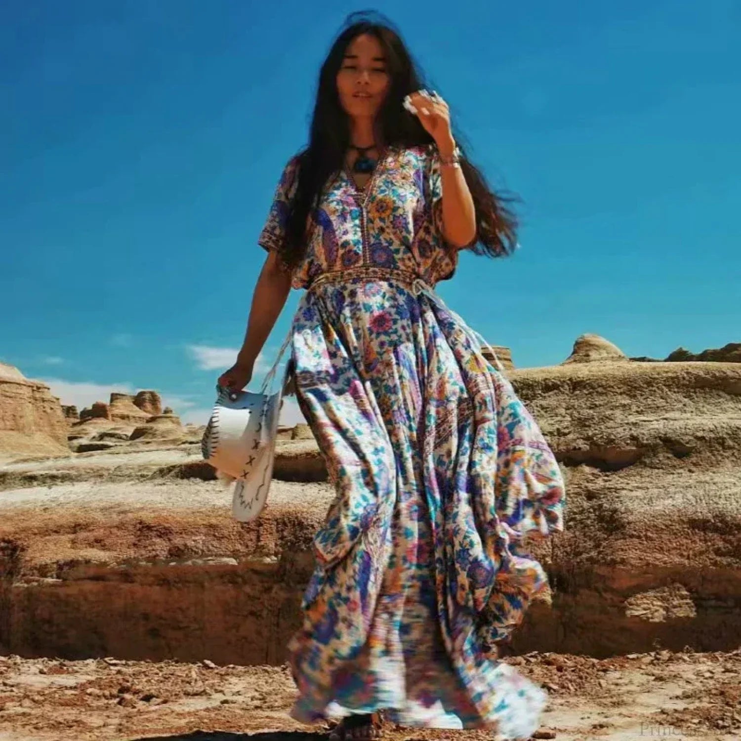Floral Print Bat Sleeve V-neck Tassel Maxi Rayon Boho Dress image 3