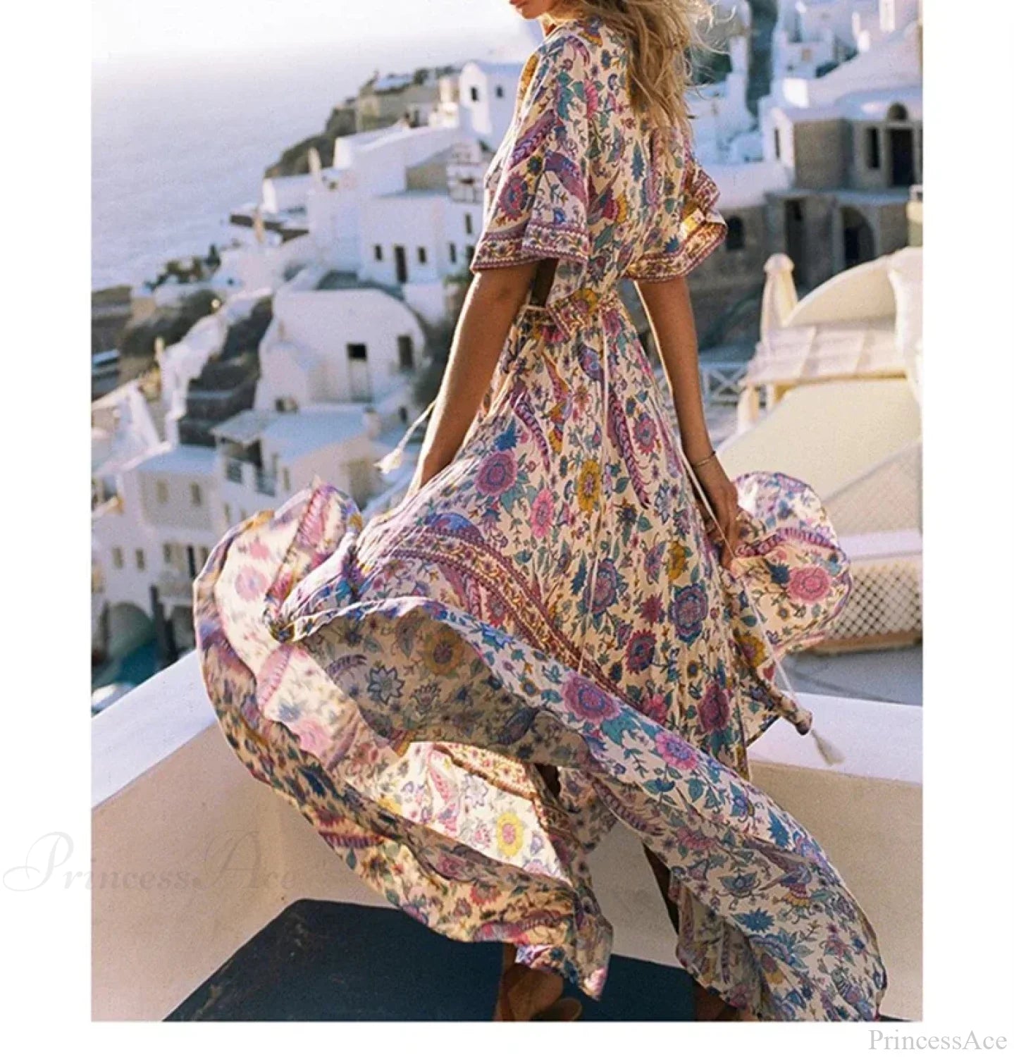 Floral Print Bat Sleeve V-neck Tassel Maxi Rayon Boho Dress image 2