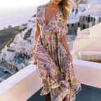 Floral Print Bat Sleeve V-neck Tassel Maxi Rayon Boho Dress image 1
