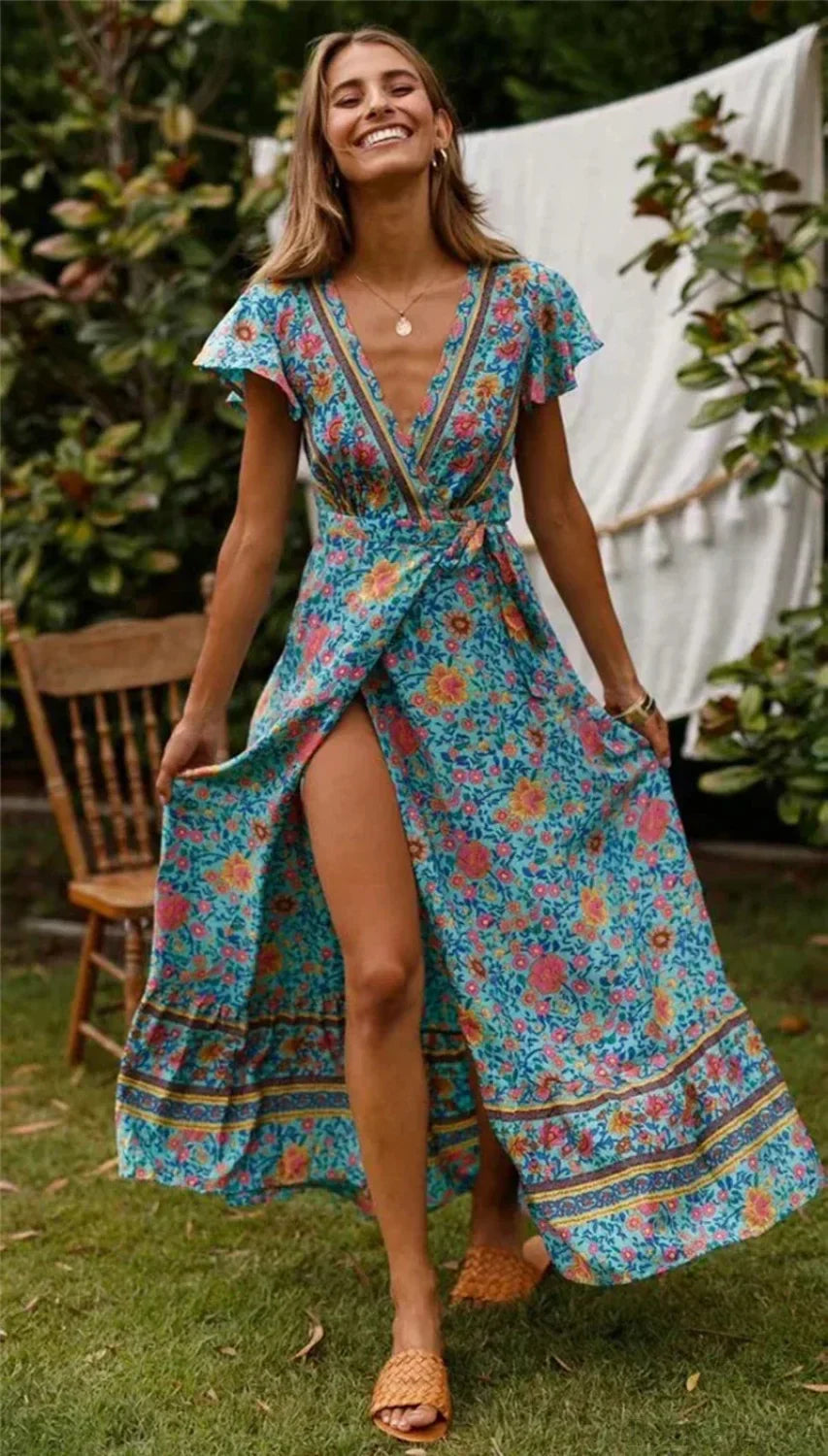 Floral Print Bat Sleeve Wrap V-neck Maxi Boho Dress image 3