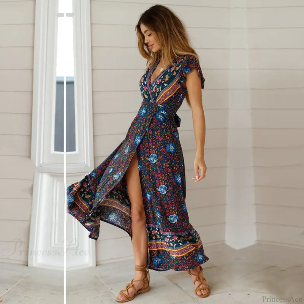 Floral Print Bat Sleeve Wrap V-neck Maxi Boho Dress image 1