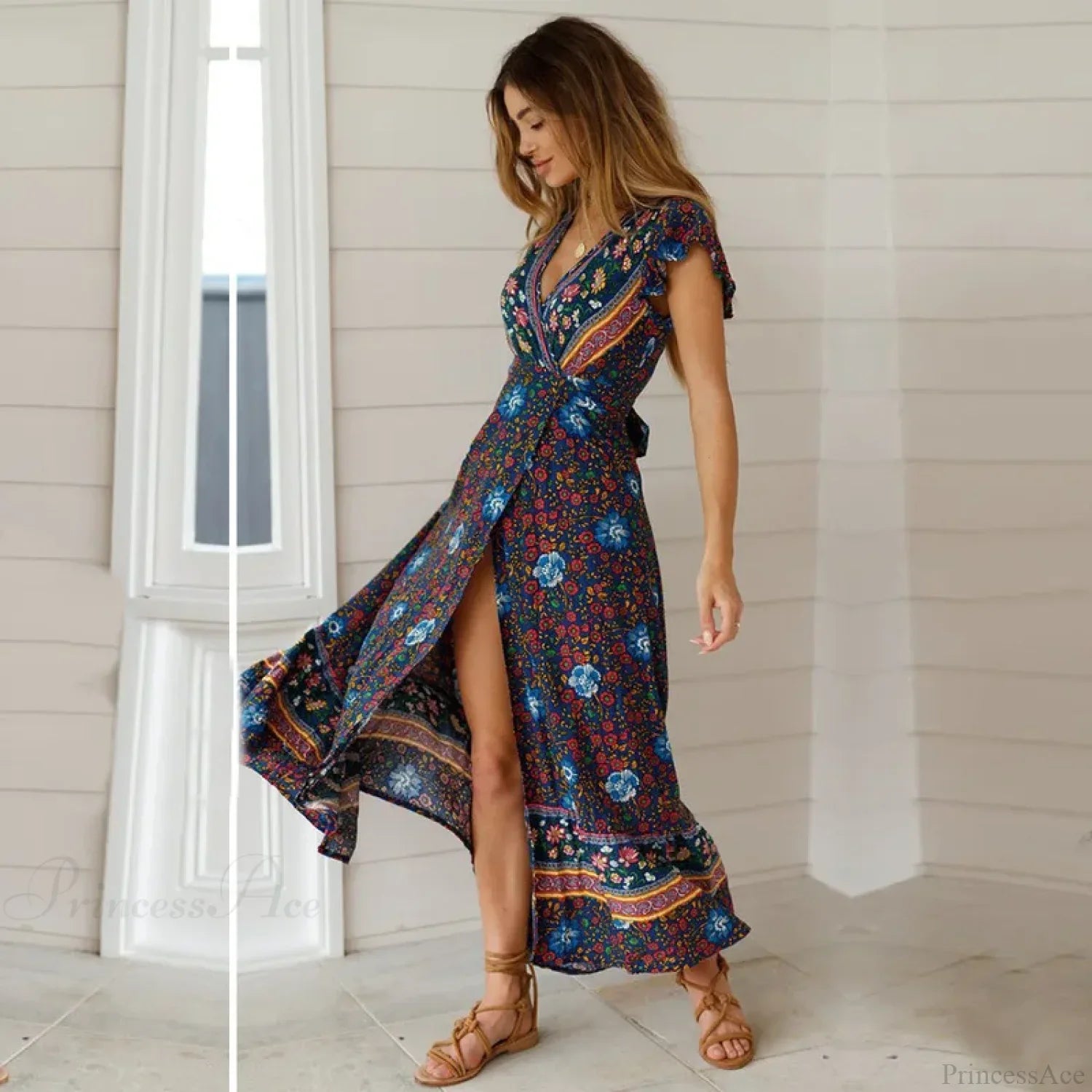 Floral Print Bat Sleeve Wrap V-neck Maxi Boho Dress image 1