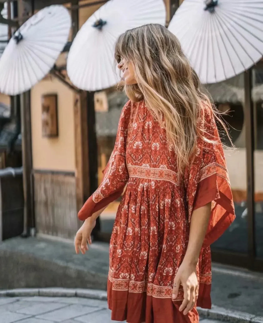 Floral Print Batwing Sleeve O-neck Summer Boho Dress image 1