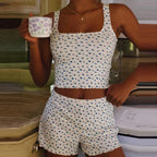Floral Print Bow Trim Sleeveless Crop Tops Shorts Two Pieces Set image 4