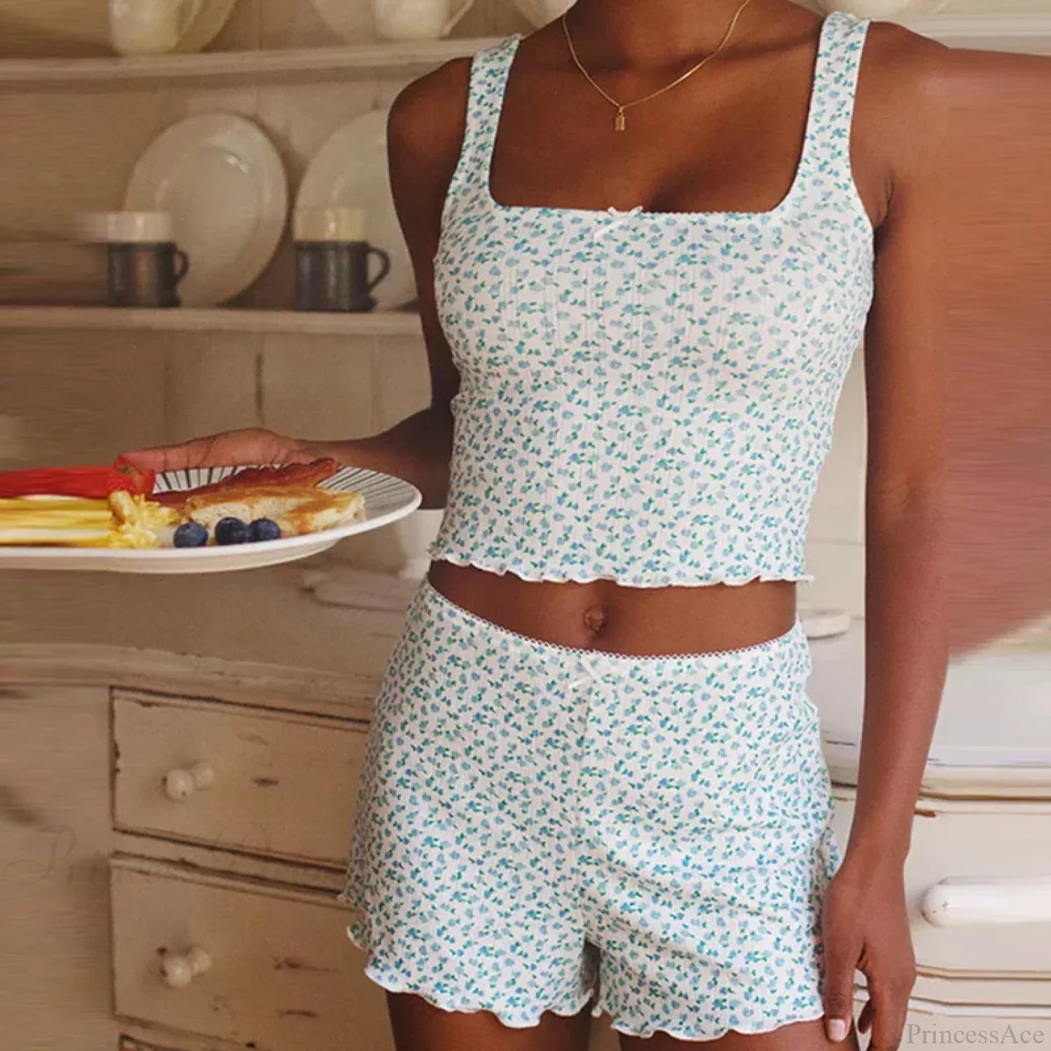 Floral Print Bow Trim Sleeveless Crop Tops Shorts Two Pieces Set image 1