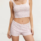 Floral Print Bow Trim Sleeveless Crop Tops Shorts Two Pieces Set image 6