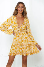 Floral Print Deep V-neck Ruffles Long Sleeve Mini Boho Dress image 2