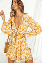Floral Print Deep V-neck Ruffles Long Sleeve Mini Boho Dress image 1