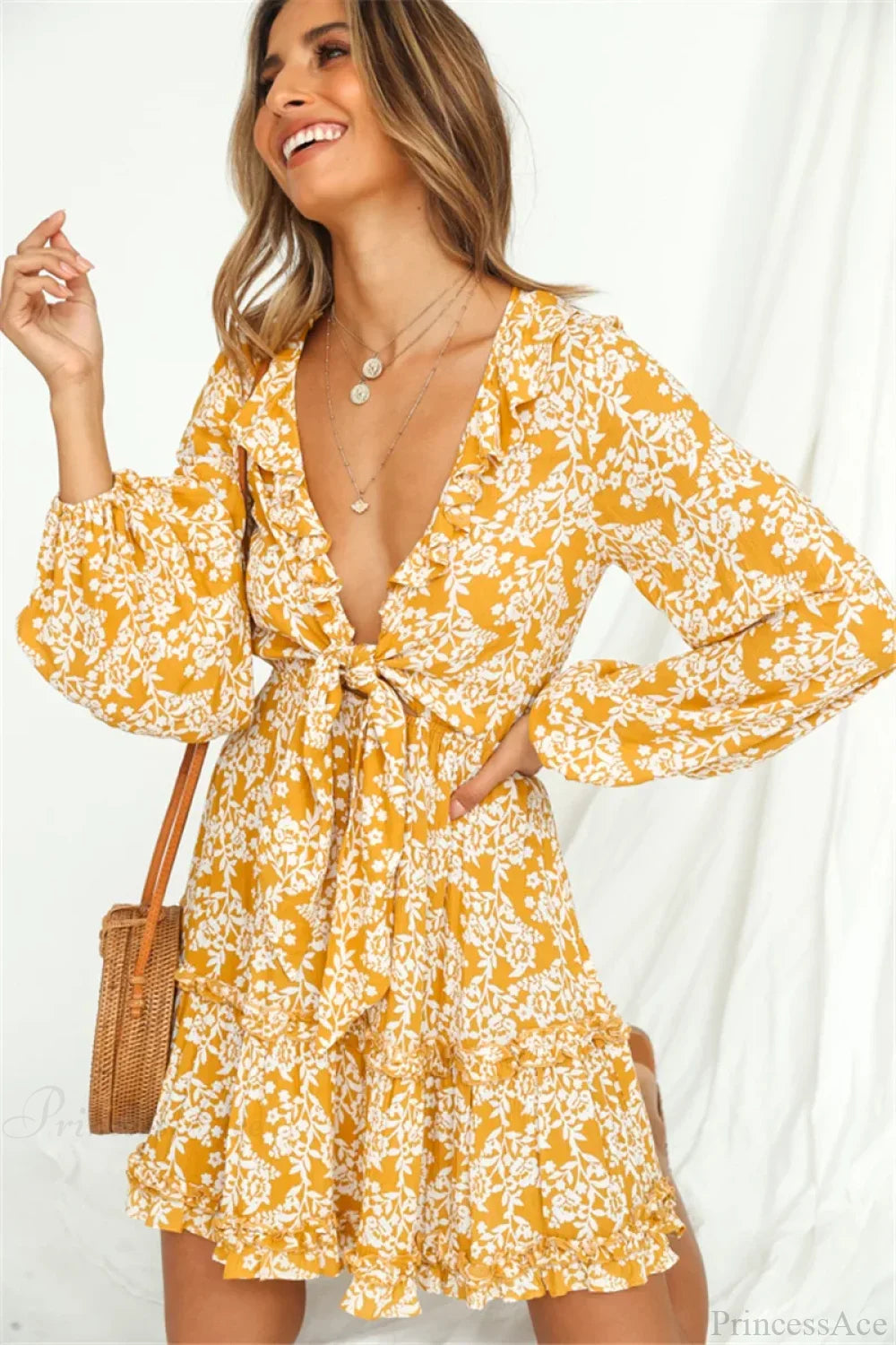 Floral Print Deep V-neck Ruffles Long Sleeve Mini Boho Dress image 1