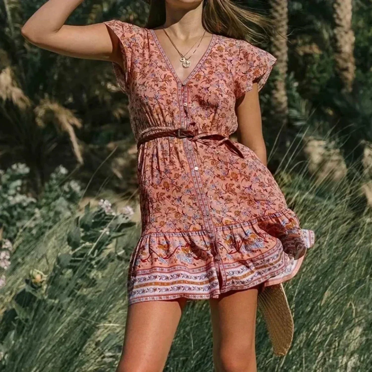 Floral Print Deep V-neck Short Sleeve Vacation Mini Boho Dress image 1