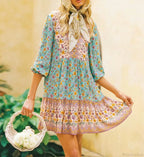 Floral Print Deep V-neck Three Quarter Sleeve Vacation Mini Boho Dress image 3