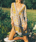 Floral Print Deep V-neck Three Quarter Sleeve Vacation Mini Boho Dress image 1