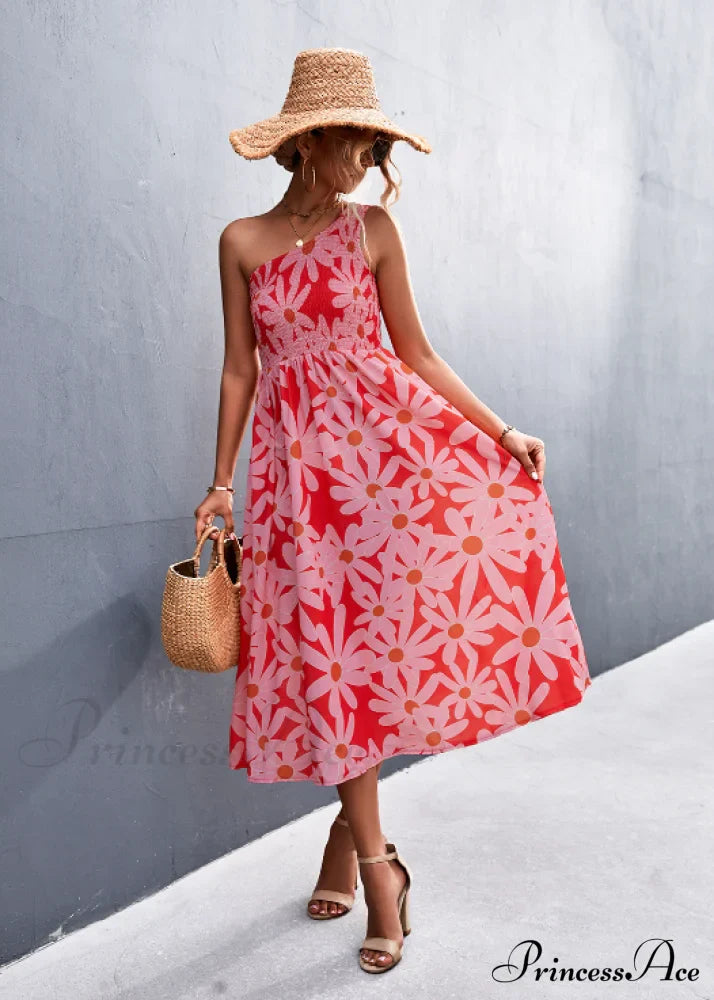 Floral Print Diagonal Shoulder Dress image 9