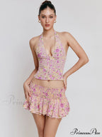Floral Print Halter Buttoned Graceful Top And Mini Skirt Set image 2