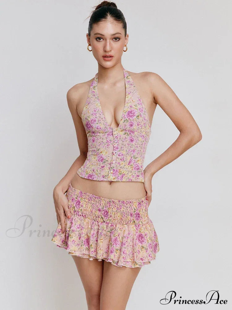 Floral Print Halter Buttoned Graceful Top And Mini Skirt Set image 2