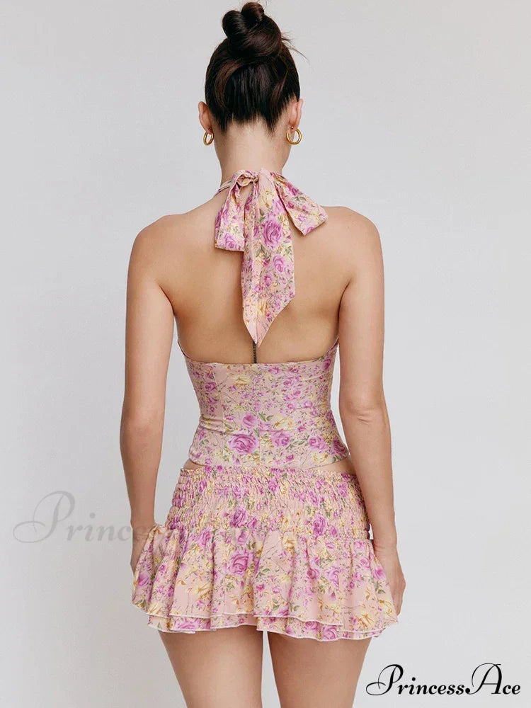 Floral Print Halter Buttoned Graceful Top And Mini Skirt Set image 3