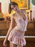 Floral Print Halter Buttoned Graceful Top And Mini Skirt Set image 6