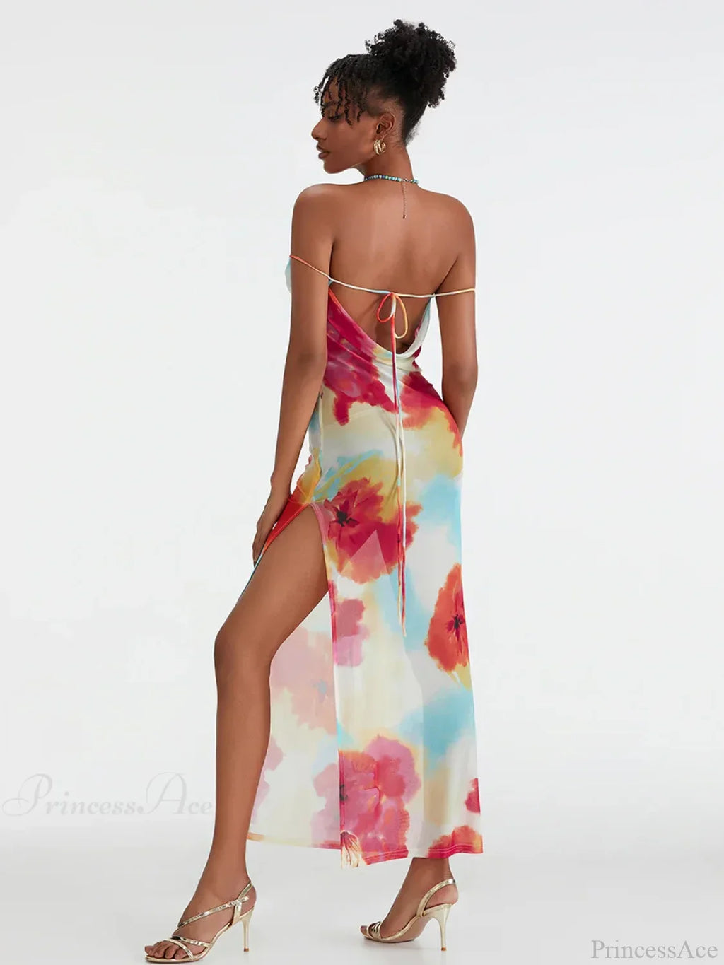 Floral Print High Split Backless Off-Shoulder Tie-up Long Floral Dress image 2