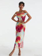 Floral Print High Split Backless Off-Shoulder Tie-up Long Floral Dress image 5