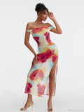 Floral Print High Split Backless Off-Shoulder Tie-up Long Floral Dress image 1