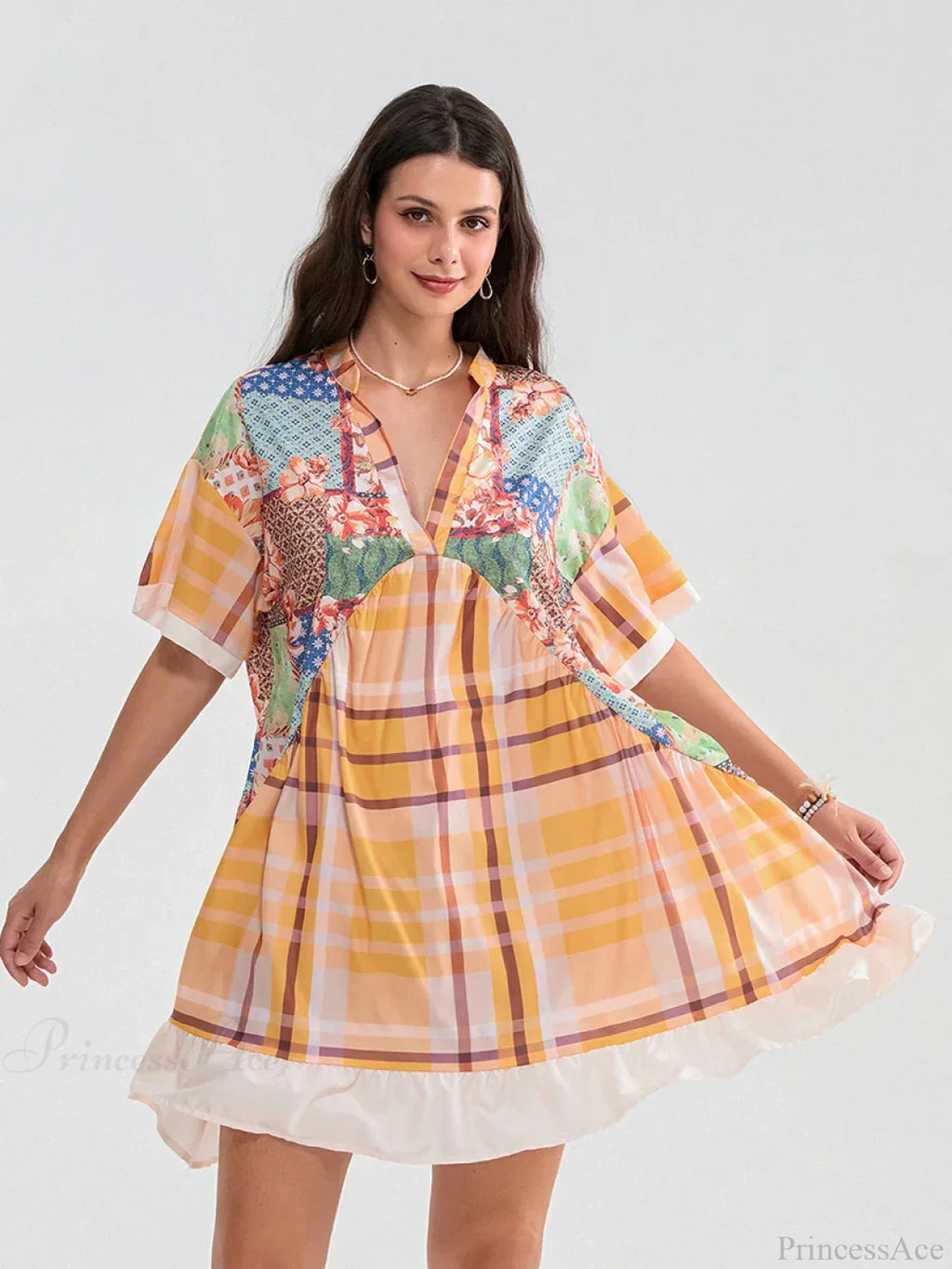 Floral Print Patchwork Flowy V-neck Loose A-Line Mini Floral Dress image 1