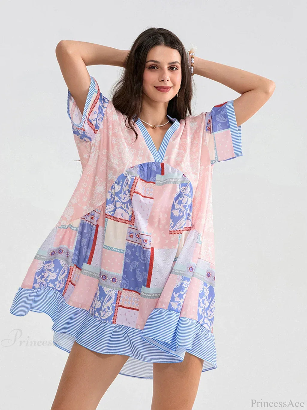 Floral Print Patchwork Flowy V-neck Loose A-Line Mini Floral Dress image 5