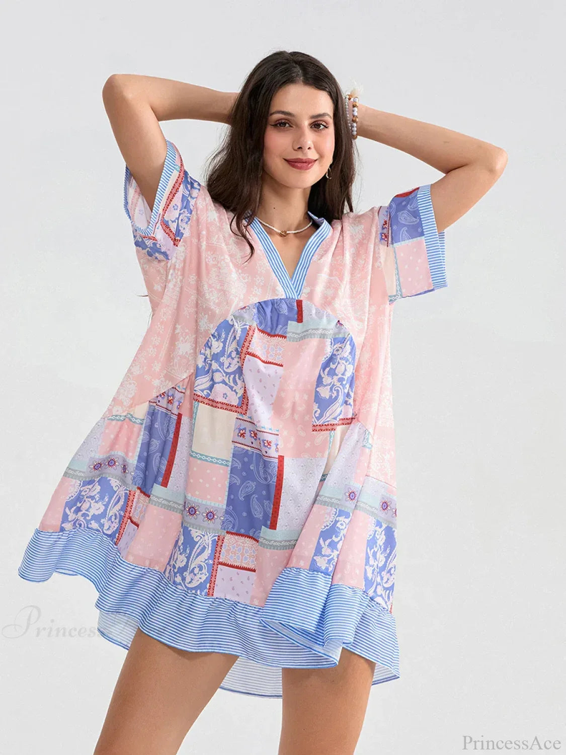 Floral Print Patchwork Flowy V-neck Loose A-Line Mini Floral Dress image 5