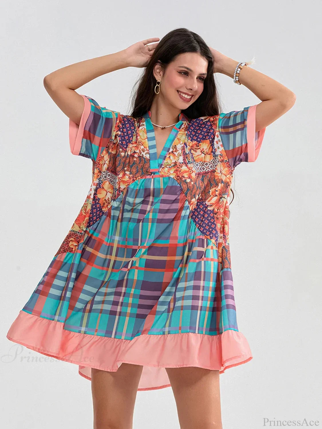 Floral Print Patchwork Flowy V-neck Loose A-Line Mini Floral Dress image 4
