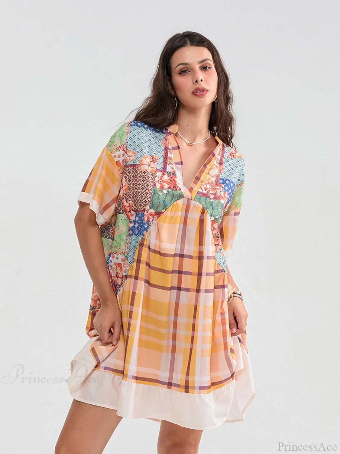 Floral Print Patchwork Flowy V-neck Loose A-Line Mini Floral Dress image 8