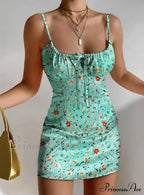 Floral Print Satin Spaghetti Strap Drawstring Dress for Women image 5