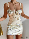Floral Print Satin Spaghetti Strap Drawstring Dress for Women image 1
