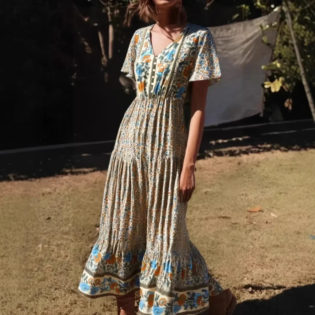 Floral Print Single Breasted V-neck Short Sleeve Summer Maxi Boho Dress image 1