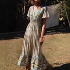 Floral Print Single Breasted V-neck Short Sleeve Summer Maxi Boho Dress image 1