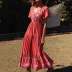Floral Print Single Breasted V-neck Short Sleeve Summer Maxi Boho Dress image 2